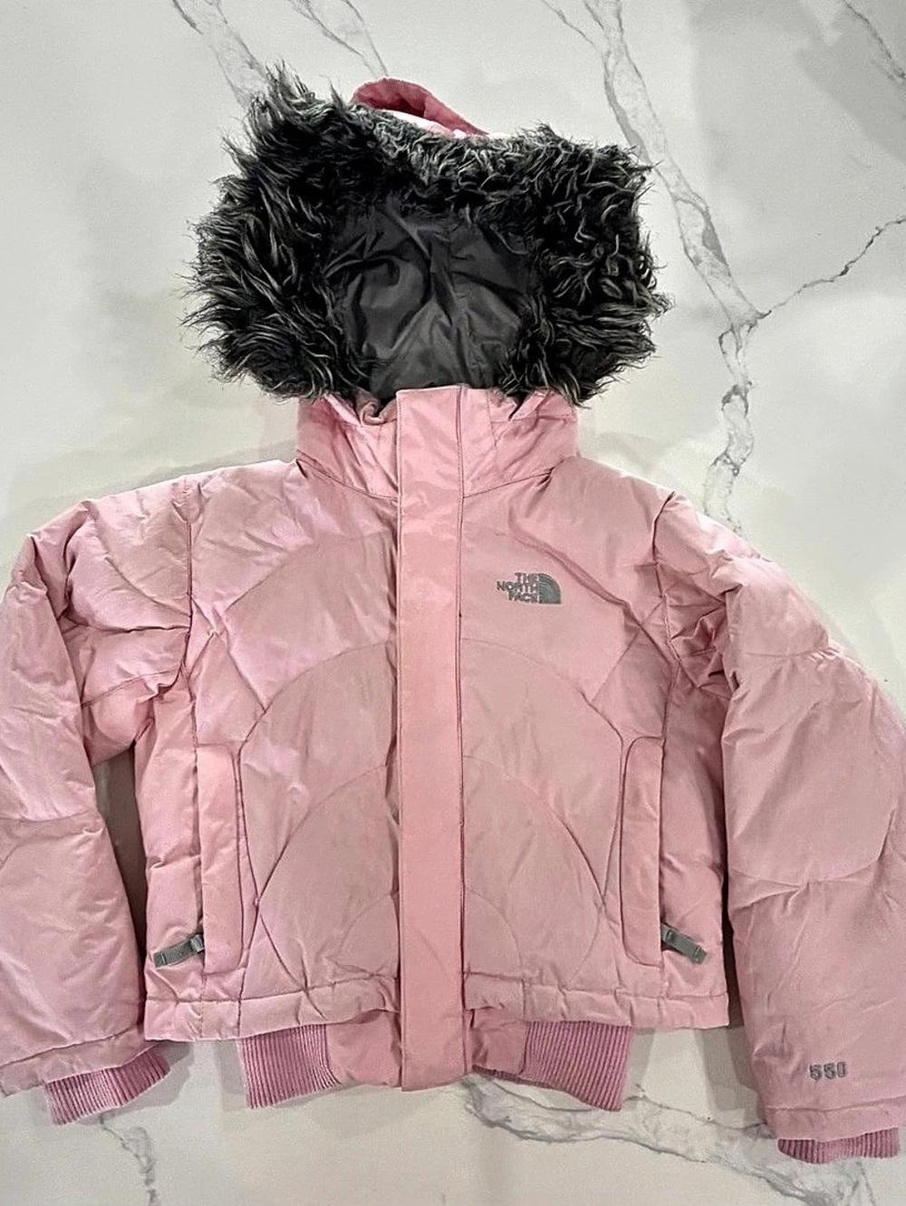 The North Face Girls Medium Down Puffer Jacket Pink Faux Fur Hood 550 Fill